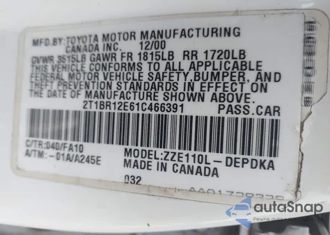 2001 Toyota Corolla Le from USA, damaged, VIN 2T1BR12E61C466391